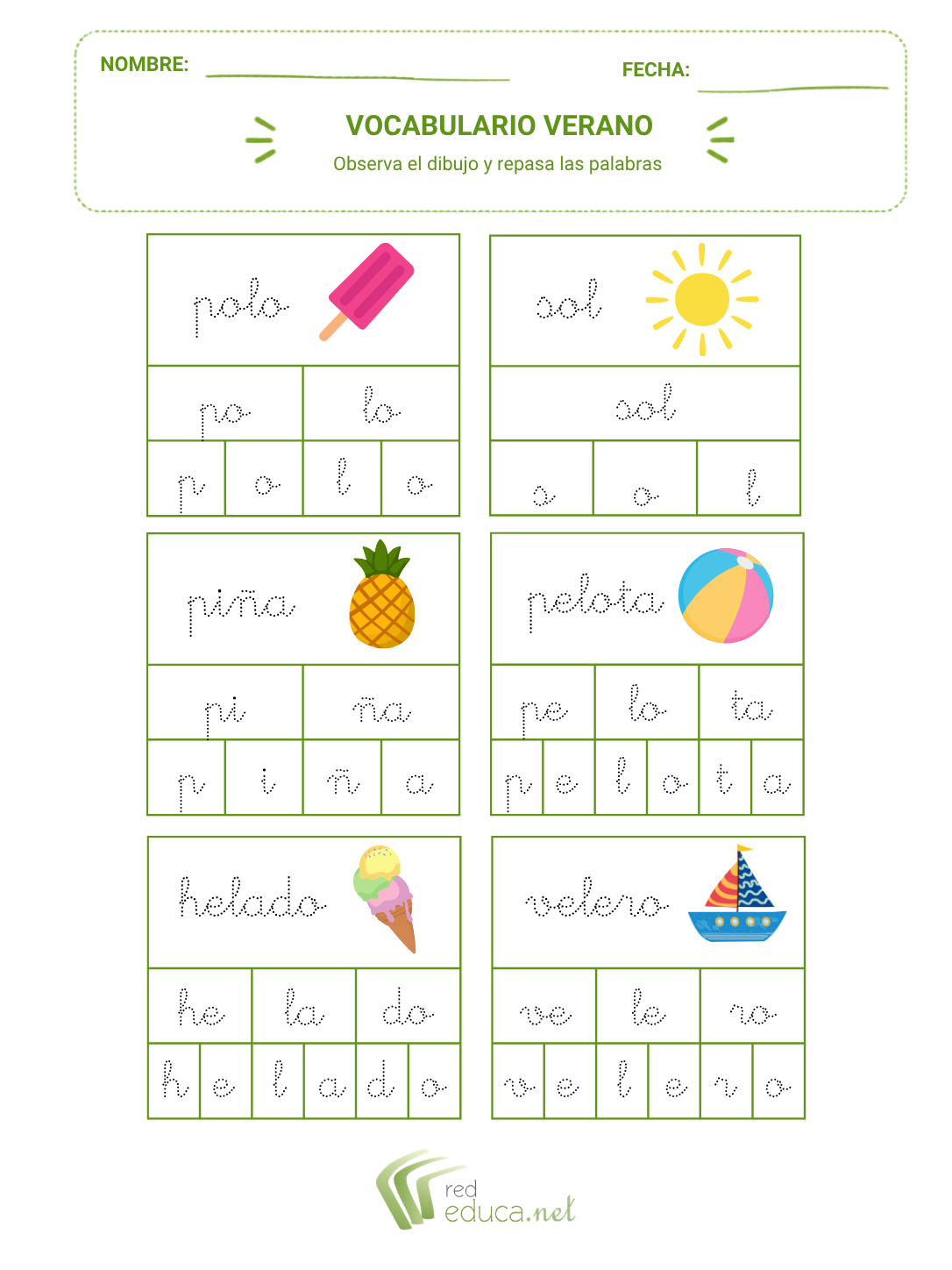 Ficha repaso de letras para verano disgrafia