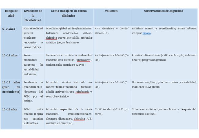 Tabla resumen trabajo de flexibilidad por edades